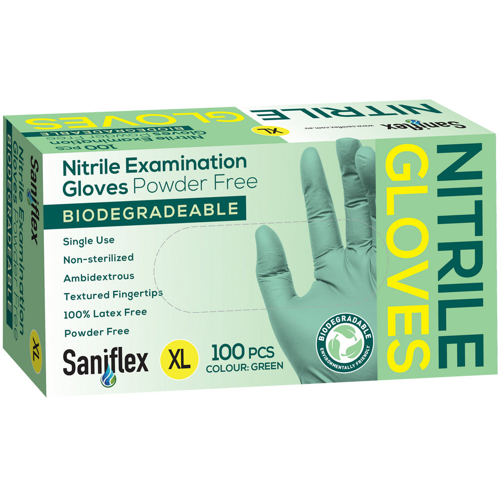Saniflex Biodegradable Nitrile Gloves Green Size XL Home Cleaning Work PPE (100 Pieces)