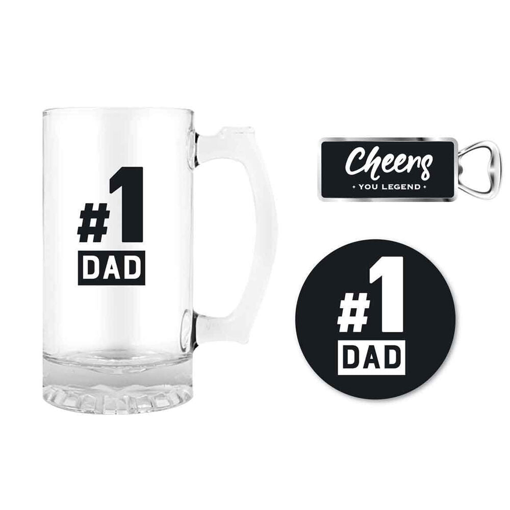 LMD #1 Dad 490ml Stein Glass Mug/Bottle Opener/Coaster Drink Mat Pad (3 Pieces)