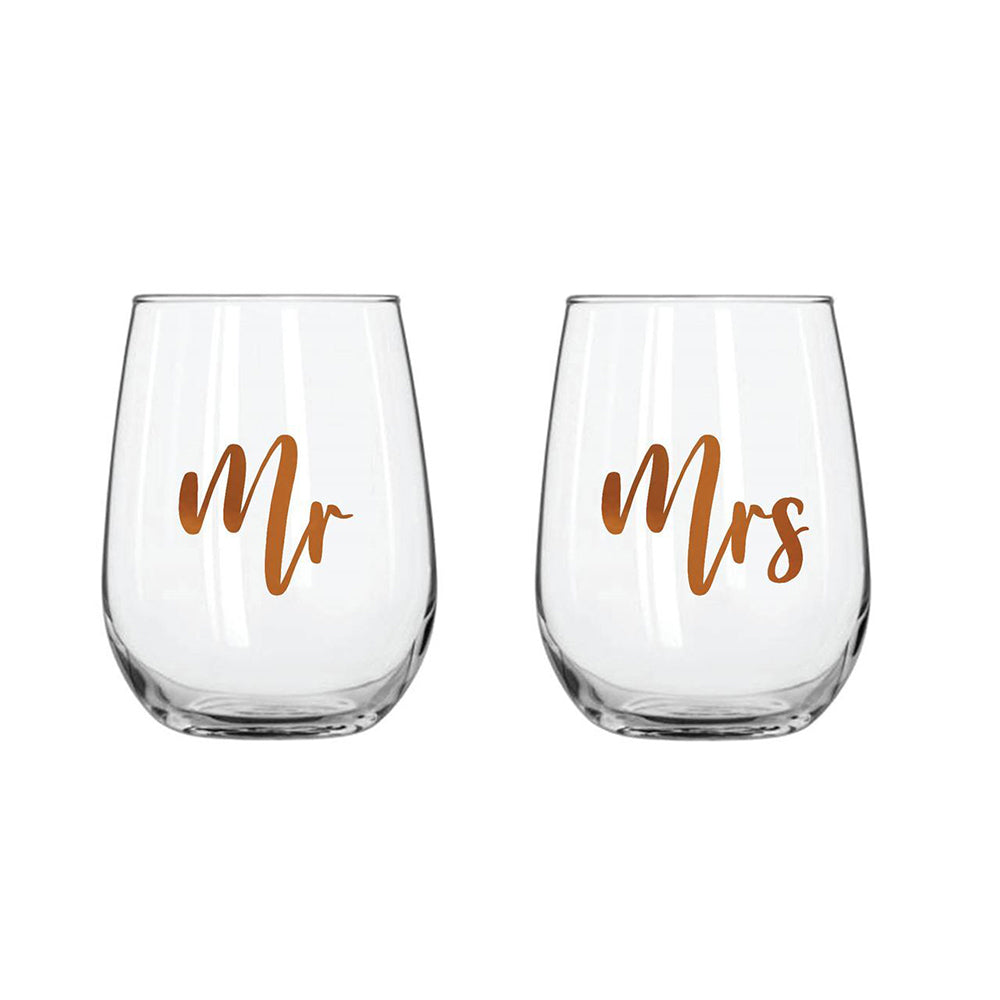 LMD Mr & Mrs Stemless Rose Gold 600ml Drinking Cup Celebration Glass Pair (2 Pieces)