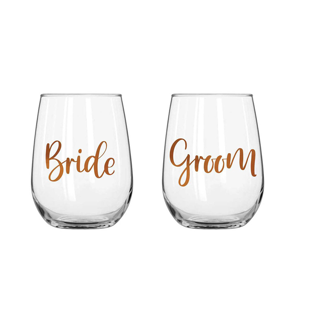 LMD Bride/Groom Stemless Rose Gold 600ml Drinking Cup Celebration Glass Pair (2 Pieces)