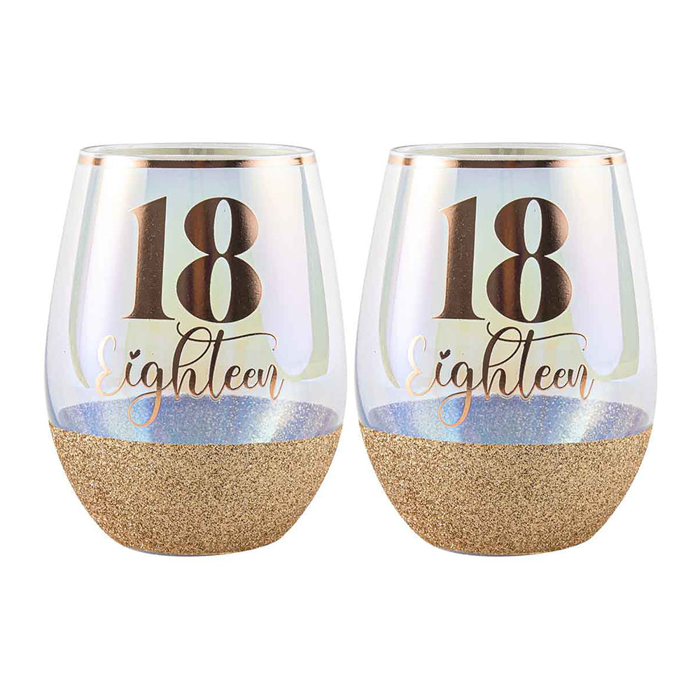 LMD Glitter 18th Celebration Stemless Wine Glass Pink 600ml Drinking Cup Tumbler (2 Pack)