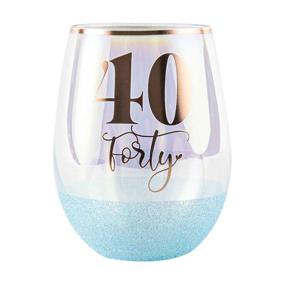 LMD Glitter 40th Celebration Stemless Wine Glass Blue 600ml Drinking Cup Tumbler