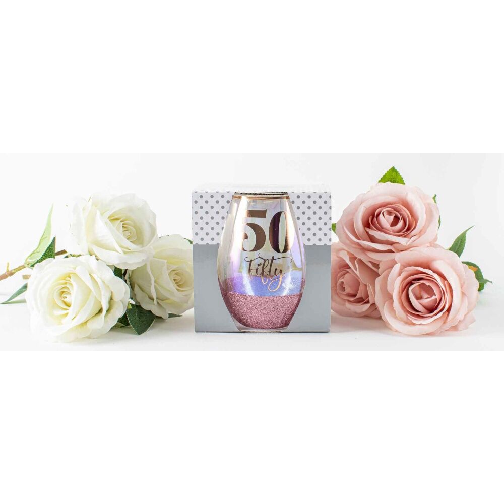 LMD Glitter 50th Celebration Stemless Wine Glass Pink 600ml Drinking Cup Tumbler — image 2