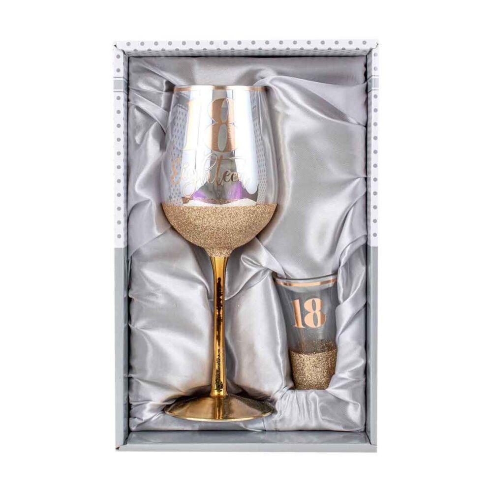 LMD Glitterati 18th Celebration/Birthday 430ml Wine & 30ml Shot Drinking Glass Set — image 2