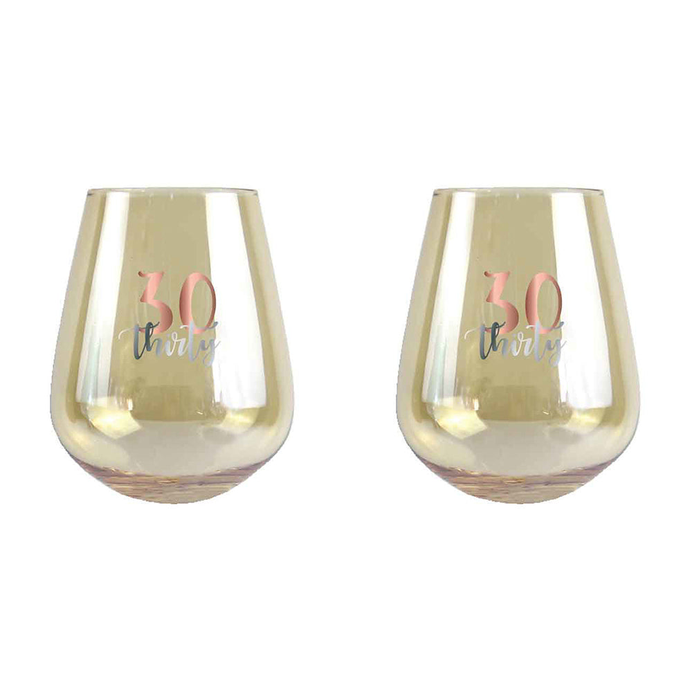 LMD 30th Birthday 13cm/600ml Stemless Wine Glass Cocktail Cup w/ Rose Gold Decal (2 Pack)