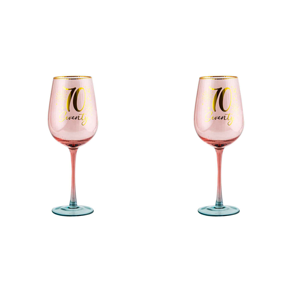 LMD 70th Birthday 400ml Fluted Red Wine/Cocktail Glass Stemmed Drinkware Pink (2 Pack)
