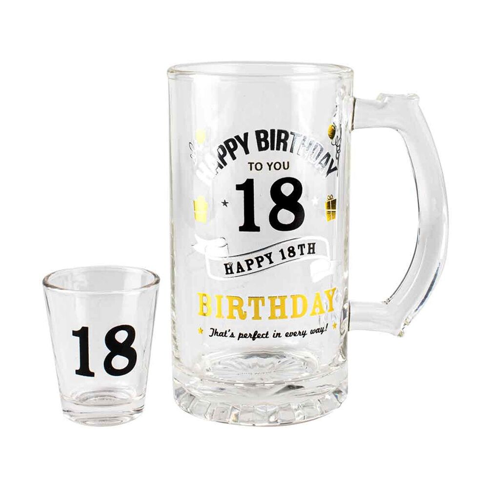 LMD Birthday 18th Celebration Liquor Alcohol Shot/Stein Beer Glass Drinking Cup Set