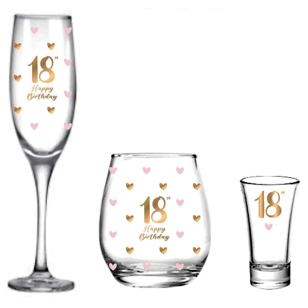 LMD 18th Birthday Champagne/Stemless/Shot Glass Drinkware Set Clear (3 Pieces)