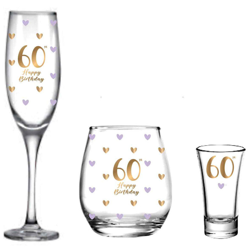 LMD 60th Birthday Champagne/Stemless/Shot Glass Drinkware Set Clear (3 Pieces)
