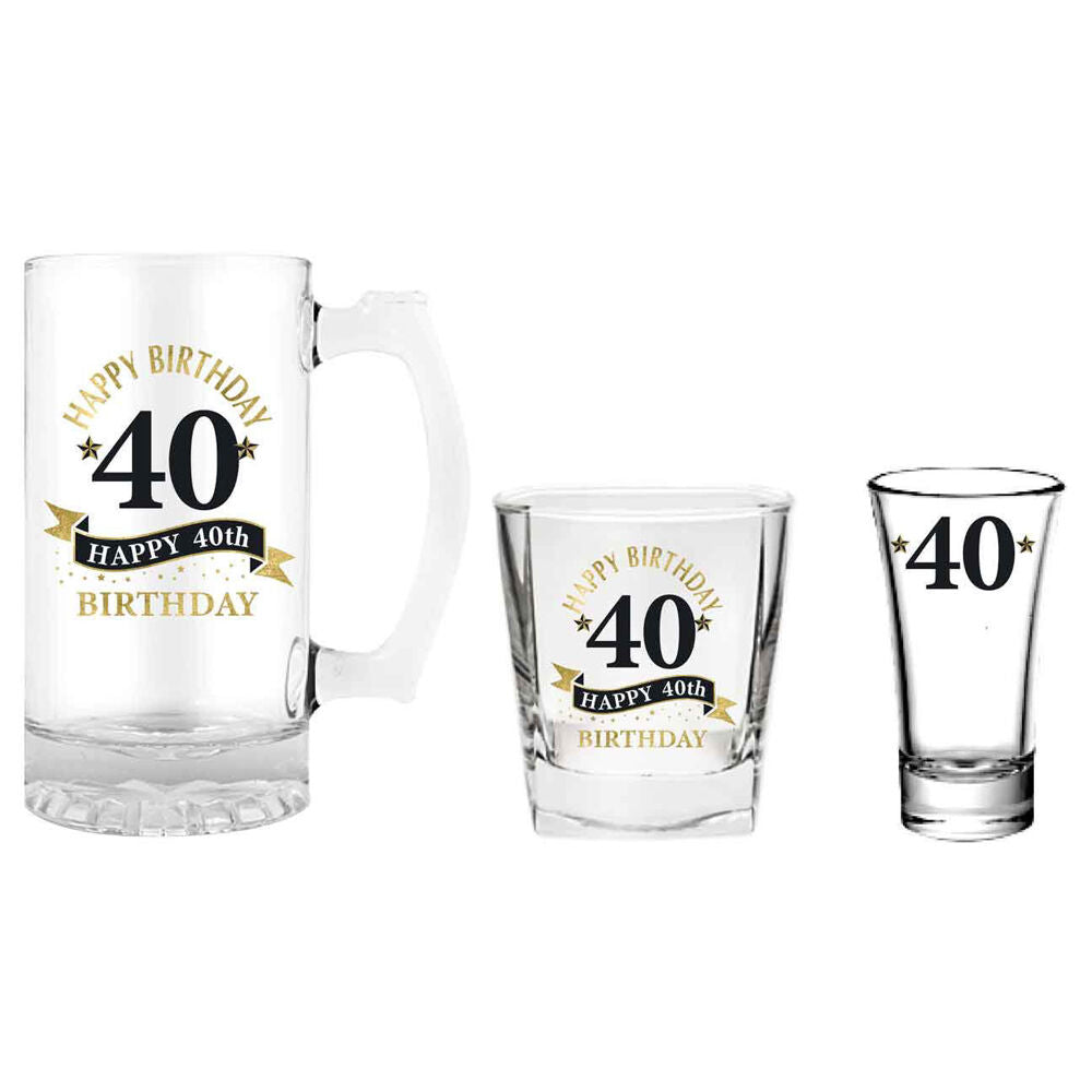 LMD 40th Birthday Beer Stein/Whisky/Shot Drinkware Glasses Set Clear (3 Pieces)