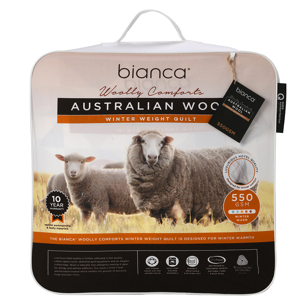 Bianca Woolly Comforts Australian Wool Quilt 550gsm Bedding White Super King Bed