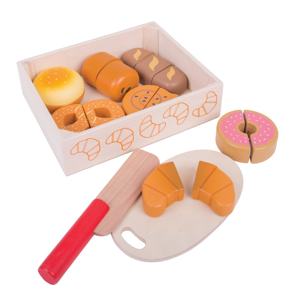 Bigjigs Toys Wooden Cutting Bread & Pastries Crate Kids Pretend Play Toy 18m+