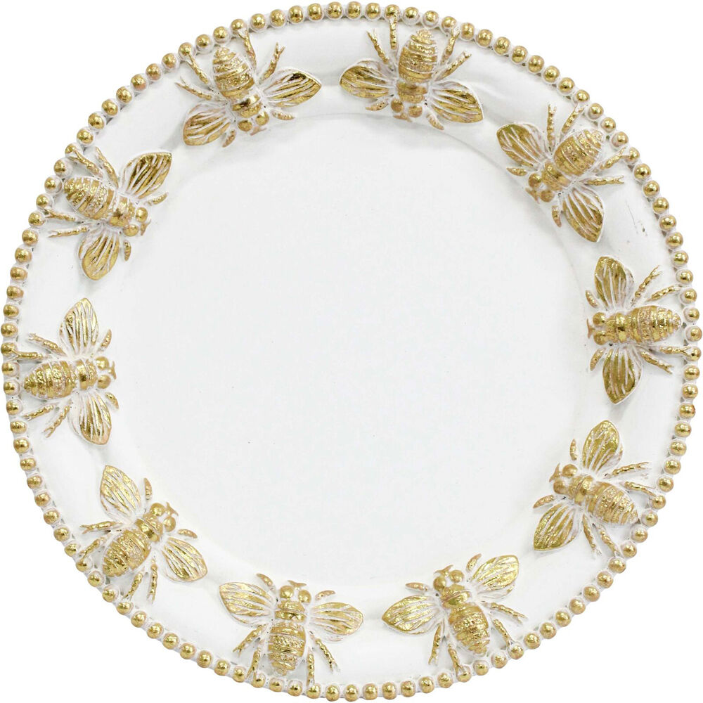 LVD 14cm Gold/White Resin Bumble Bee Border Round Trinket Dish Display Tray