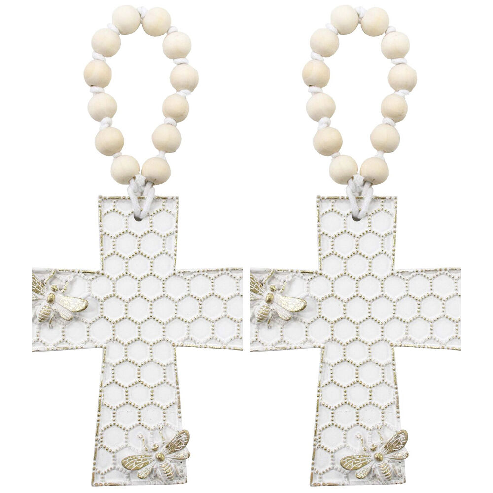 LVD Resin Cross Bee Honeycomb Decoration 11.8x1.5x14.5cm Off-White (2 Pack)
