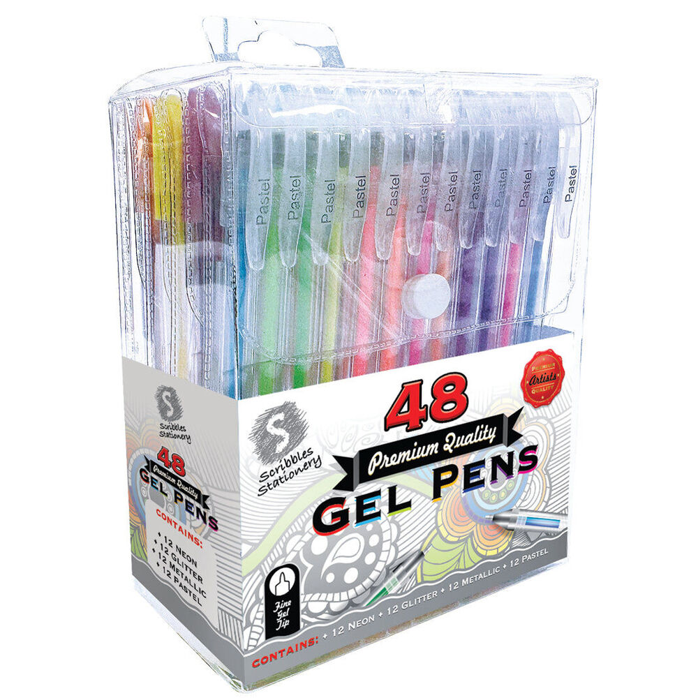 Scribbles Stationery Gel Pen Set Neon Glitter Metallic Pastel With Case (48 Pieces)