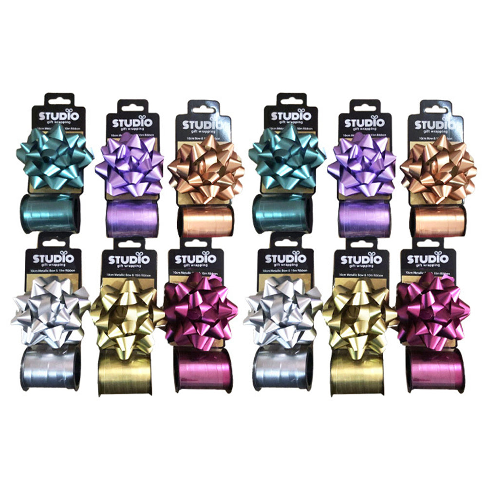 Studio Gift Wrapping Metallic Matt Bow & Ribbon Set Assorted Decoration (12 Pack)