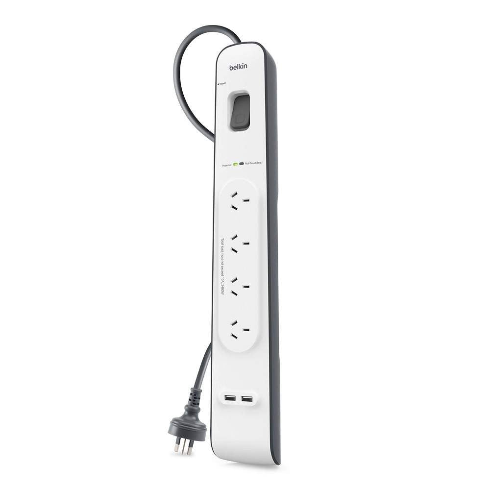 Belkin 4 Way Outlet Surge Protector 2M Power Board 2.4A w 2 USB Ports Charger — image 2