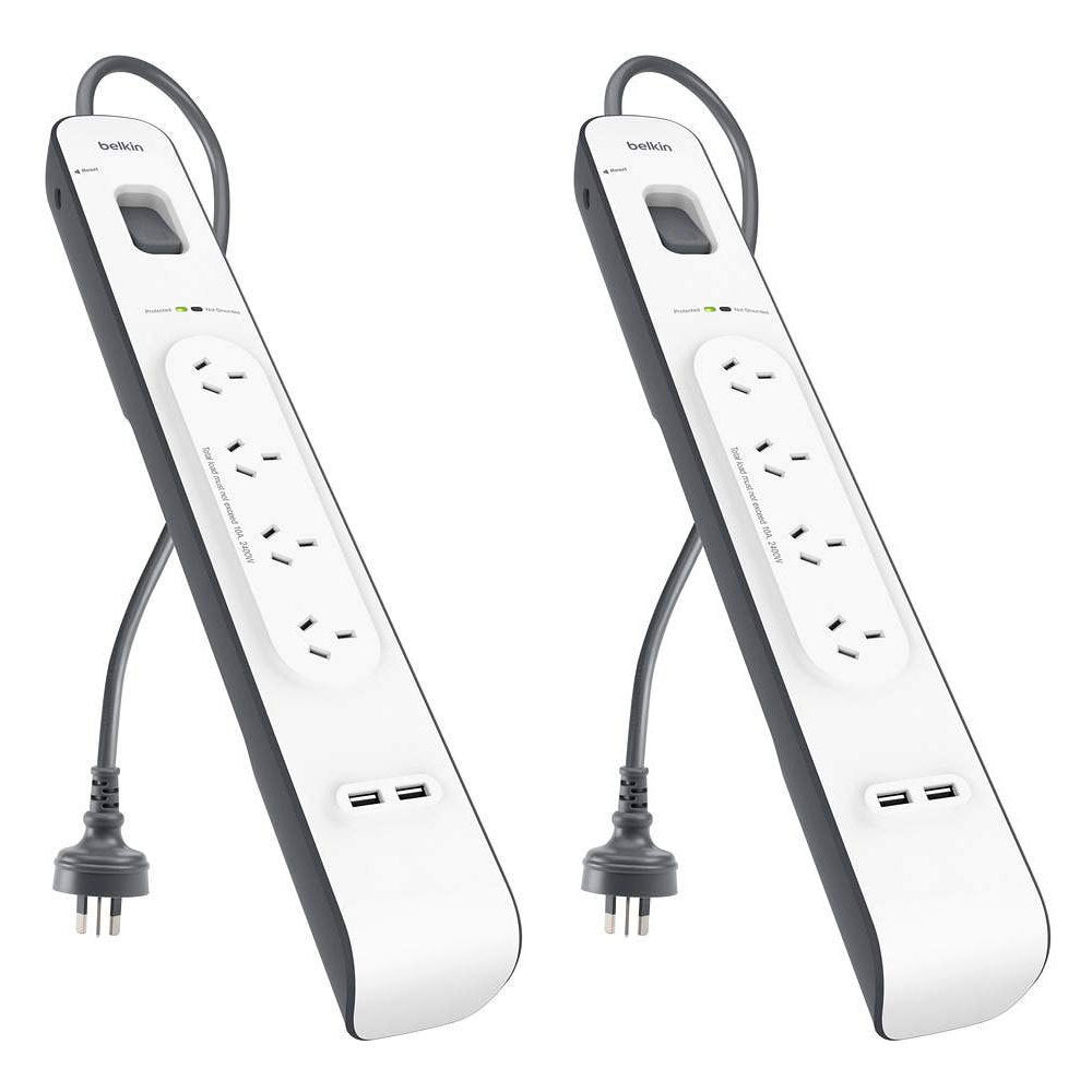 Belkin 4 Way Outlet Surge Protector 2M Power Board 2.4A w 2 USB Port Charger (2 Pack)