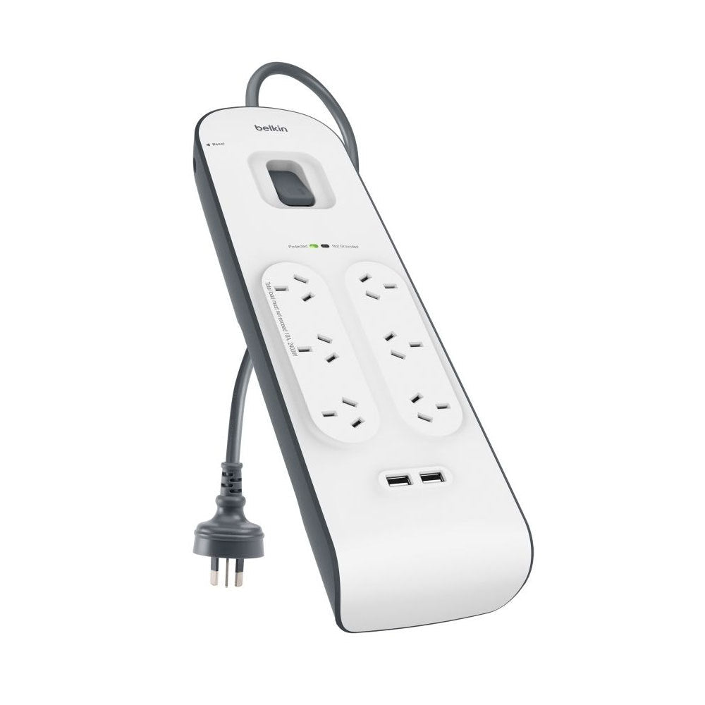 Belkin 6 Way Outlet Surge Protector 2M Power Board 2.4A w 2 USB Port Charger (2 Pack) — image 2