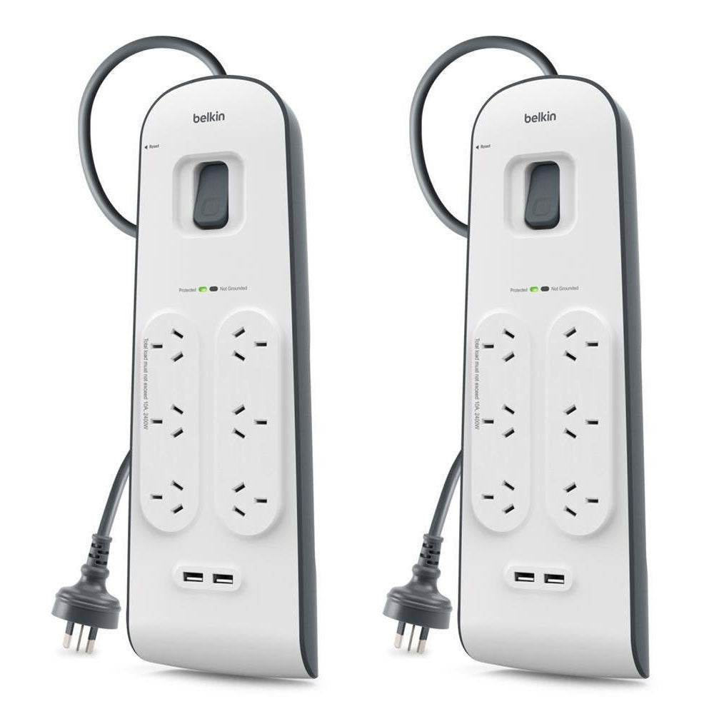 Belkin 6 Way Outlet Surge Protector 2M Power Board 2.4A w 2 USB Port Charger (2 Pack)