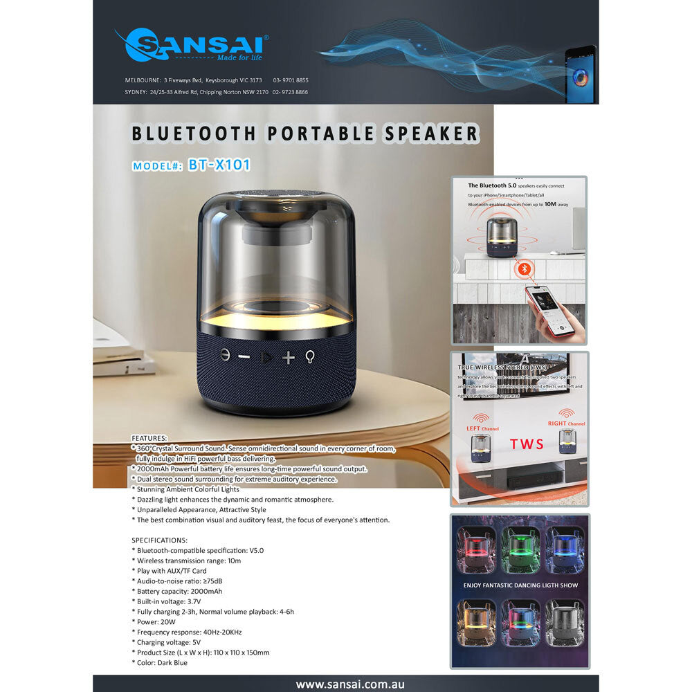Sansai 14.5cm Bluetooth RGB Colourful Wireless Speaker 20W Music/Audio Playing — image 2