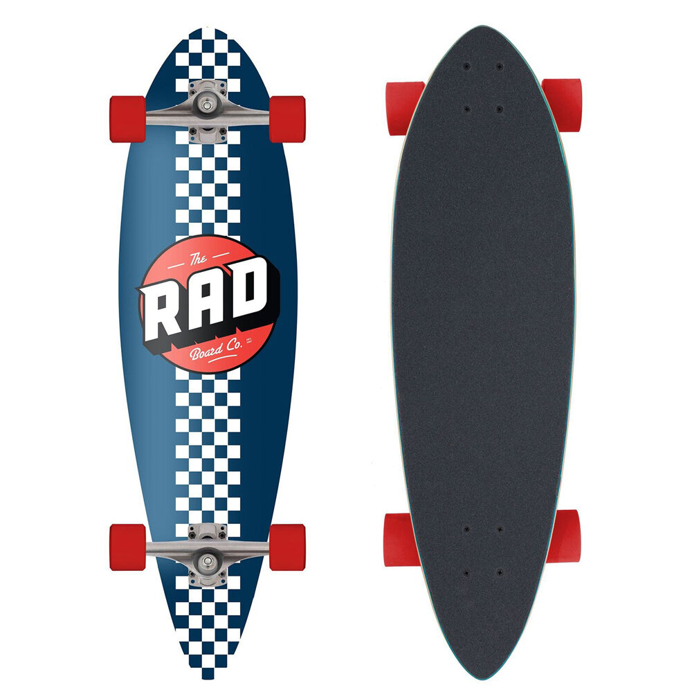 Rad Board CO 9in Complete Pintail Mini Longboard White/Navy Checker Stripe