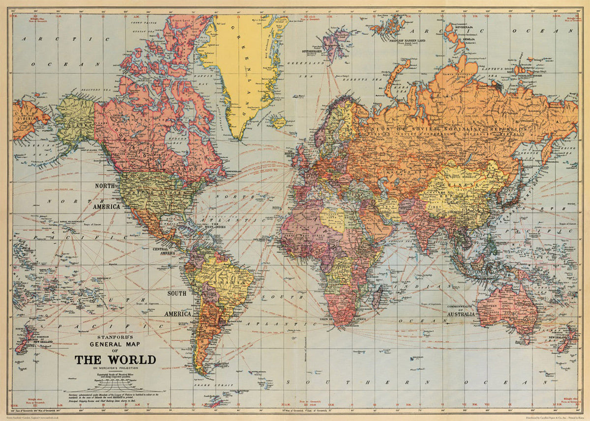 Cavallini Paper Poster Prints/Gift Wrap Wall Art Decor 70x50cm Map World