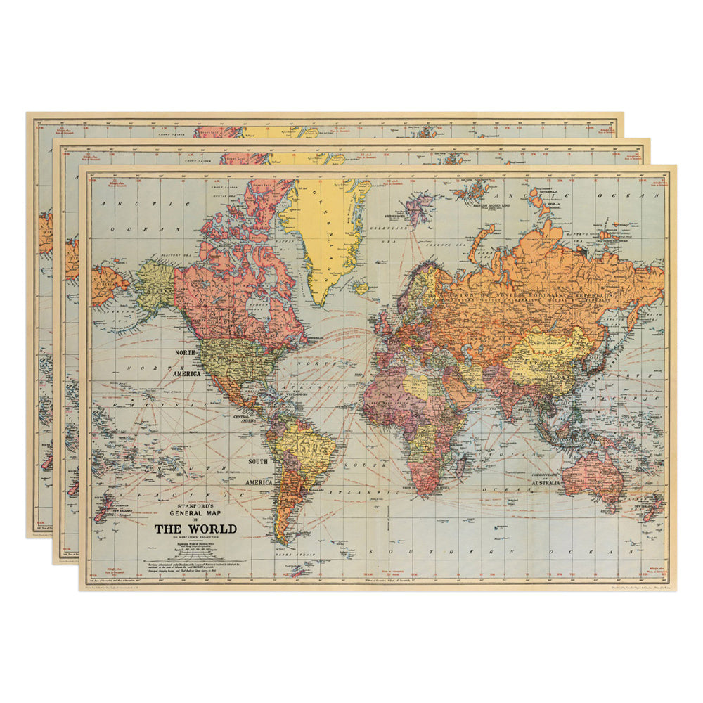 Cavallini Paper Poster Prints/Gift Wrap Wall Art Decor 70x50cm Map World (3 Pack)