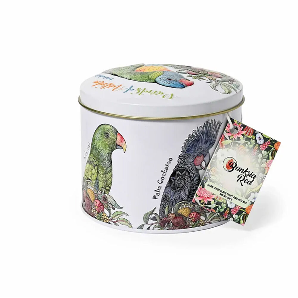 Banksia Red 200g Parrots of Australia Tin w/Dark Chocolate Fruit & Nut Mix
