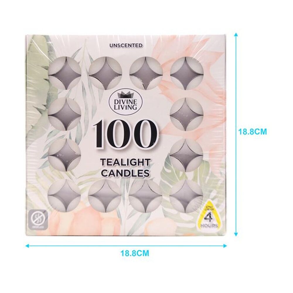 Divine Living Unscented Tealights Candles 4 Hours Burn Time 18.8x18.8cm (100 Pieces) — image 2