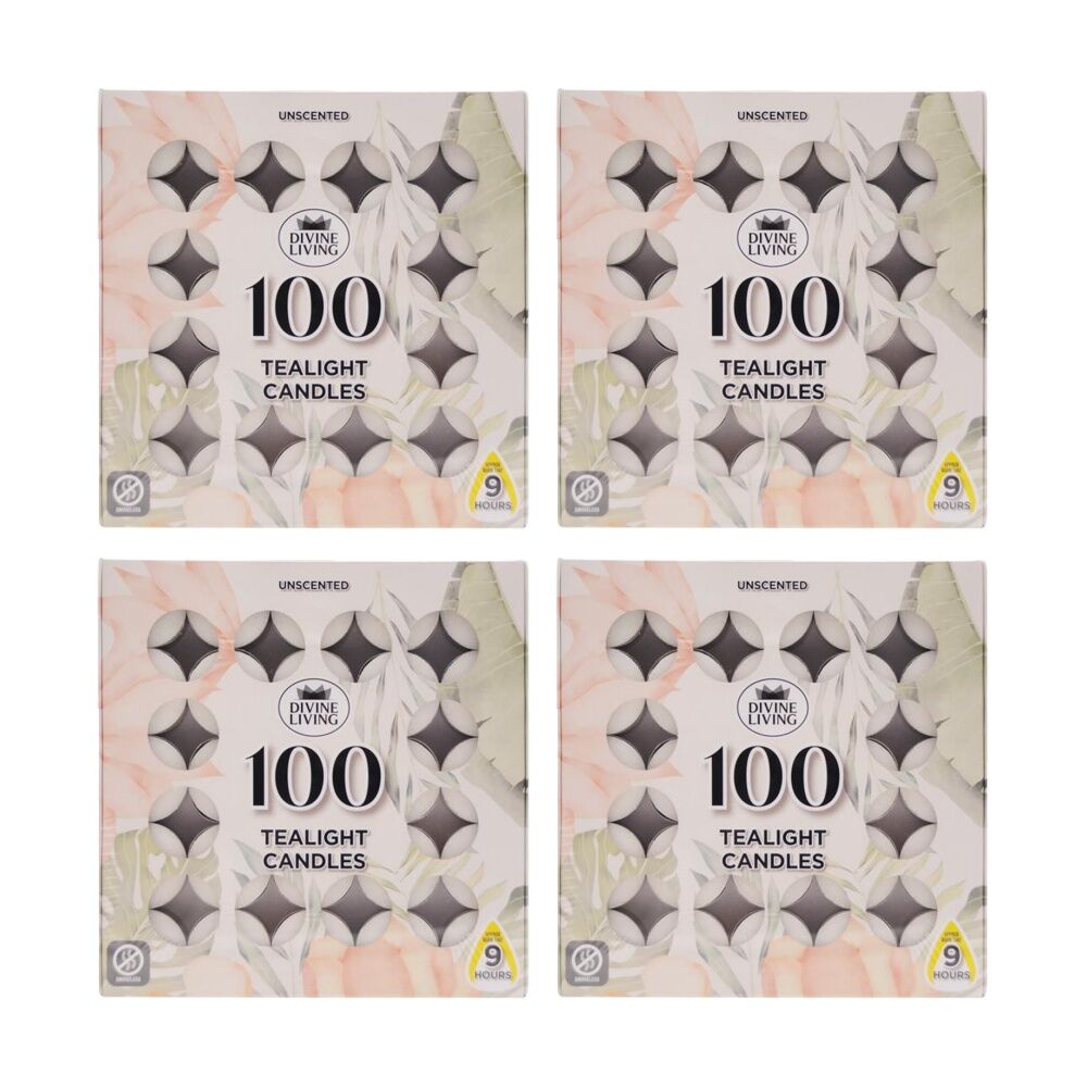 Divine Living 100pc Divine Living Unscented Tealights Candles 9 Hours Burn Time 18.8x18.8cm (4 Pack)