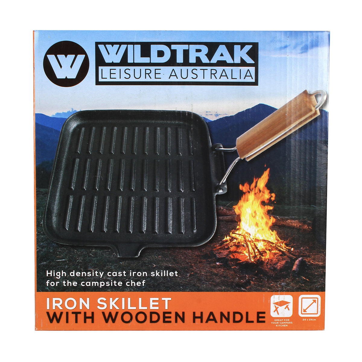 Wildtrak 24x24cm Cast Iron Griddle Pan w/ Wood Handle Camping Cookware Black — image 2