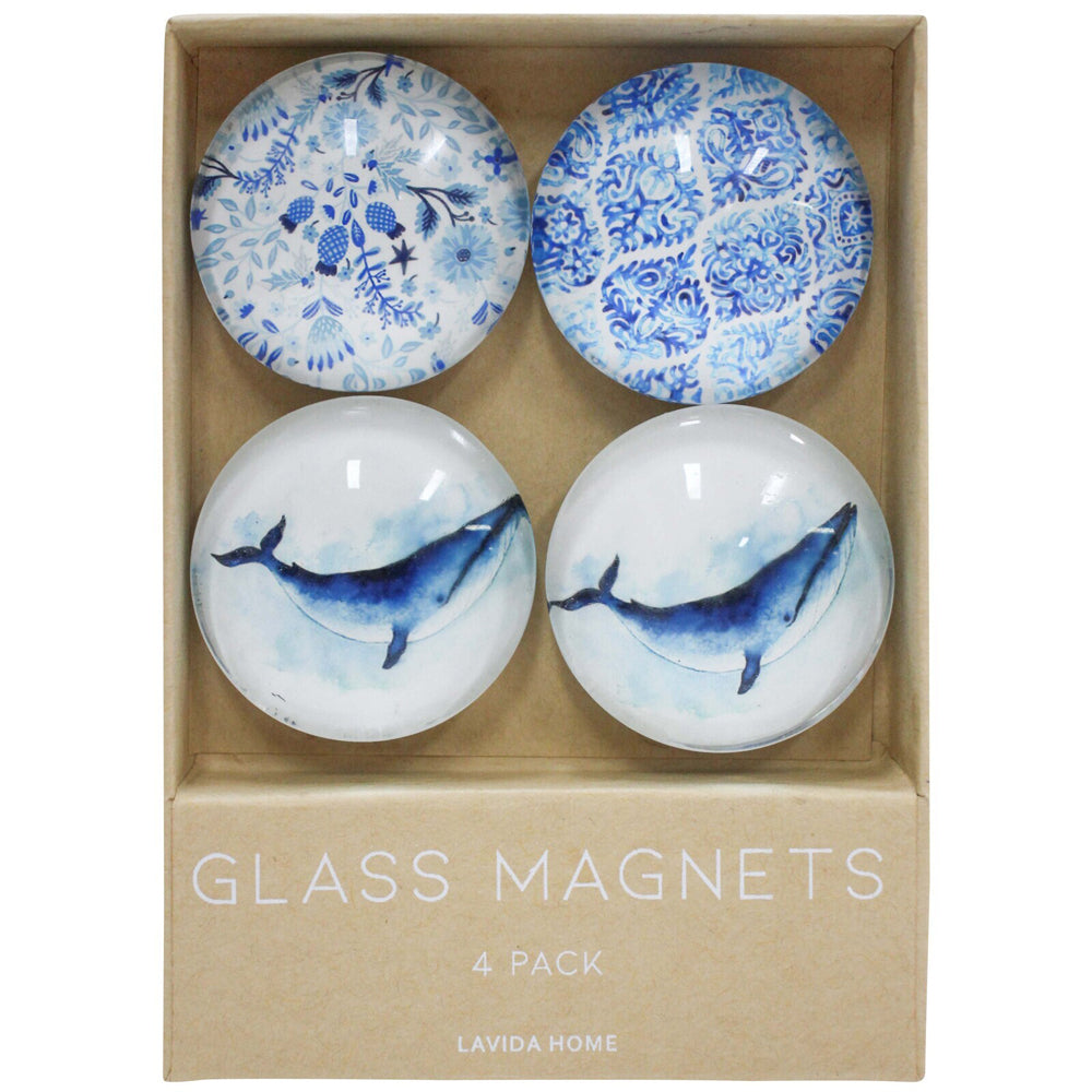 LVD Whale Large Glass 13.5cm Fridge Magnet/Magnetic Decorative Round Set (4 Pieces)