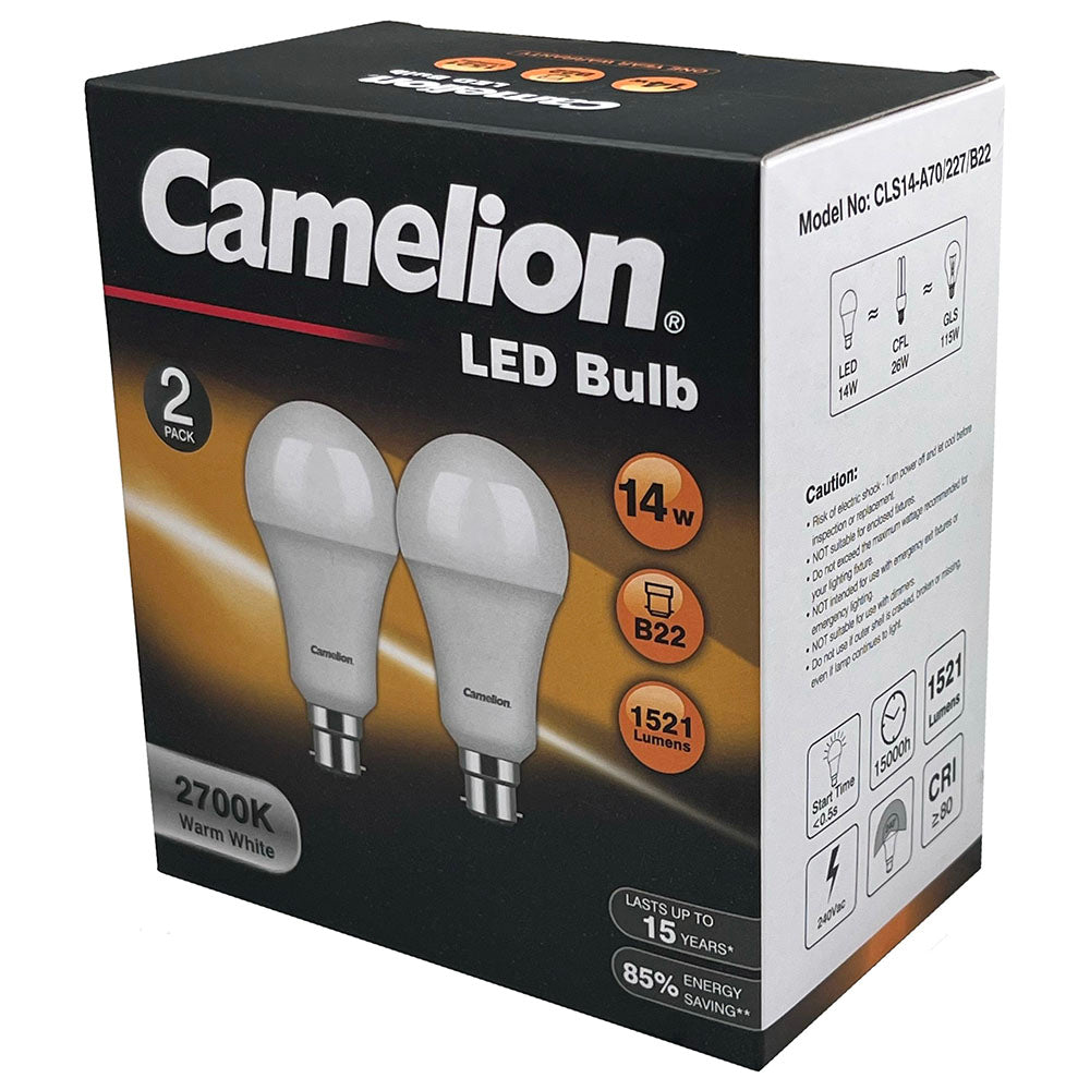 Camelion LED Light Bulb B22 14W 240V 1521 Lumens Bayonet Warm White 2700K (2 Pieces)