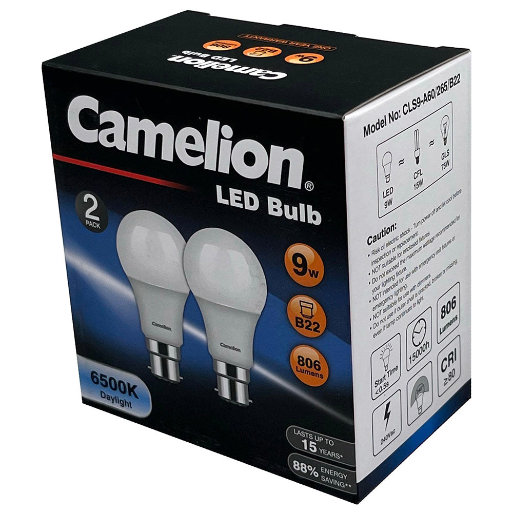 Camelion Led Light Globe B22 9W 240V Bayonet 806 Lumens Cool Daylight 6500K (2 Pieces)