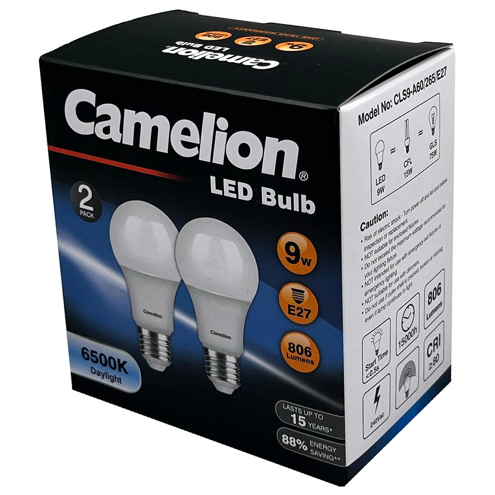 Camelion LED Light Bulb E27 9W 240V Edison Cool Daylight 806 Lumens 6500K (2 Pieces)