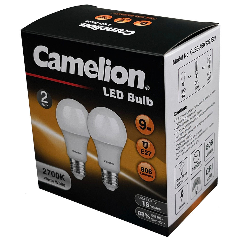 Camelion LED Light Bulb E27 9W 240V 2700K Edison 806 Lumen Globe Warm White (2 Pieces)