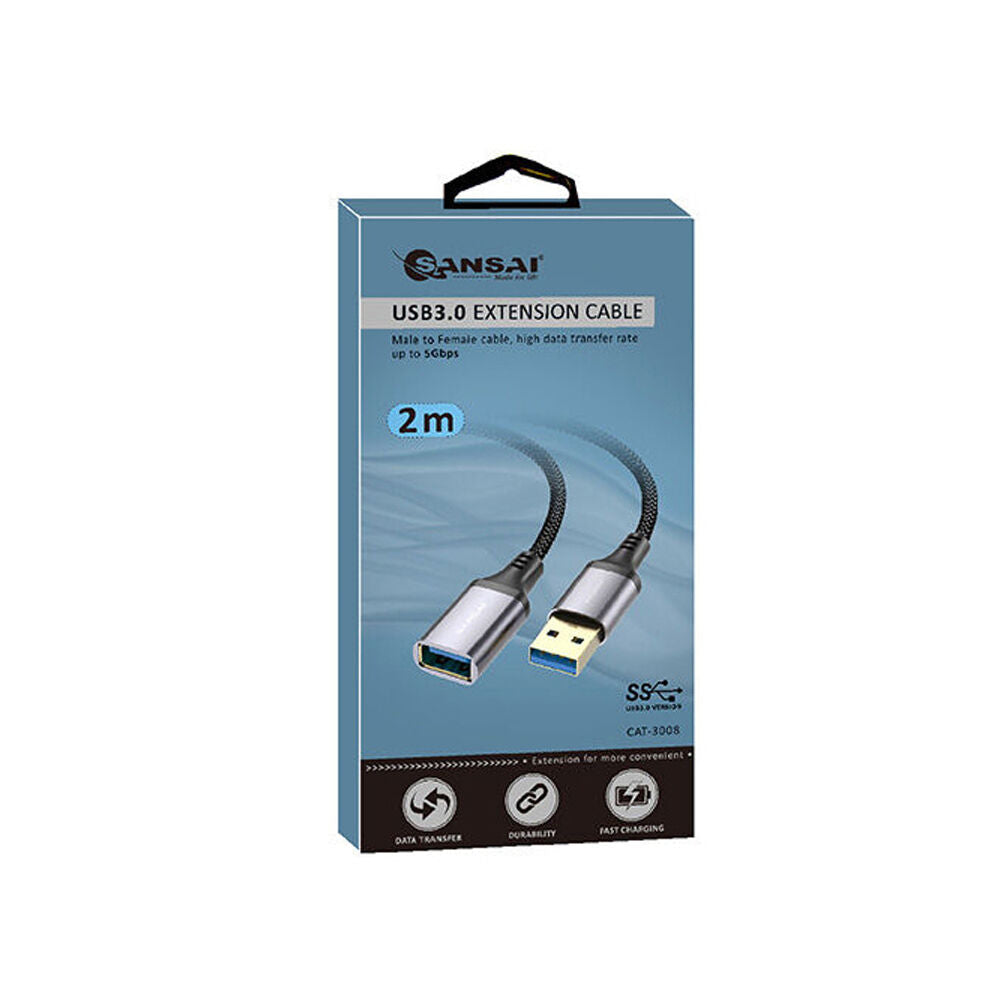 Sansai Black/Grey Heavy-Duty USB 3.0 Extension Cable USB-A Male to Female — 2m