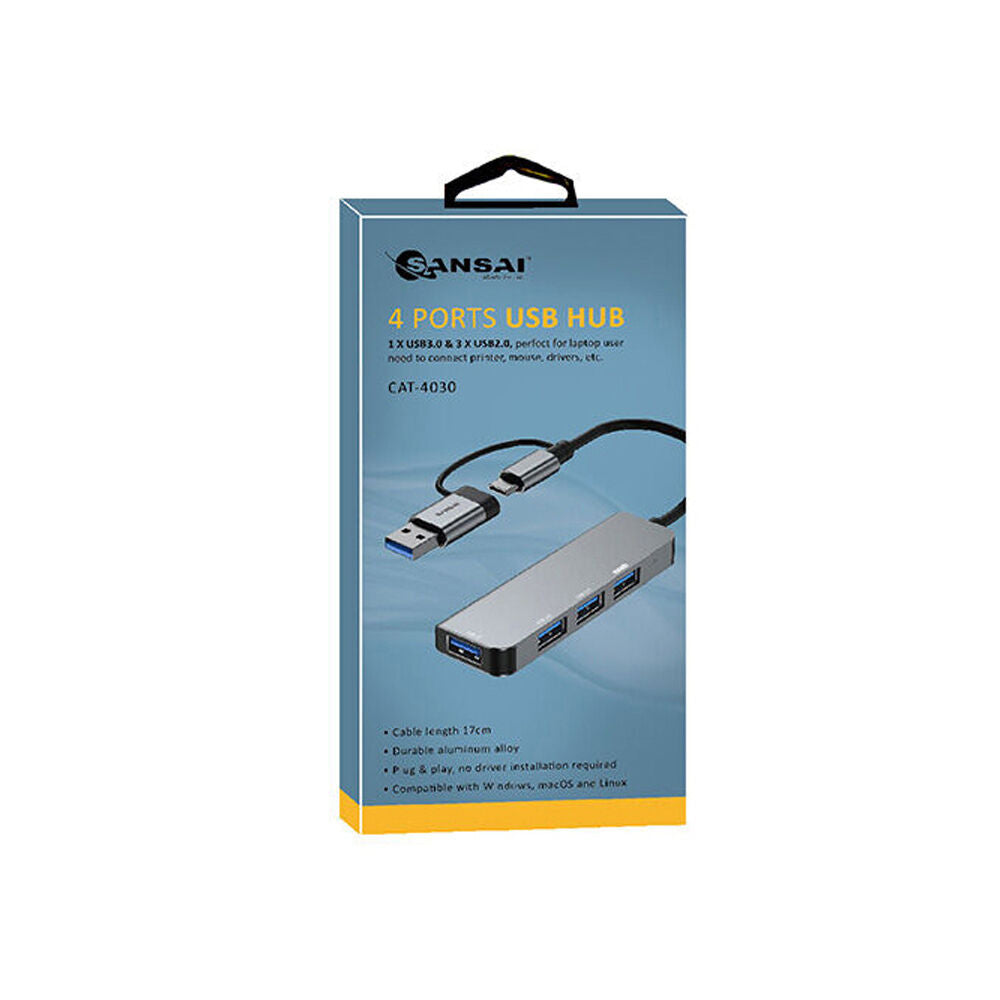 Sansai Grey 4 Port USB Hub for Laptop 1x Usb-a/c to 3x USB-A 2.0/1x 3.0