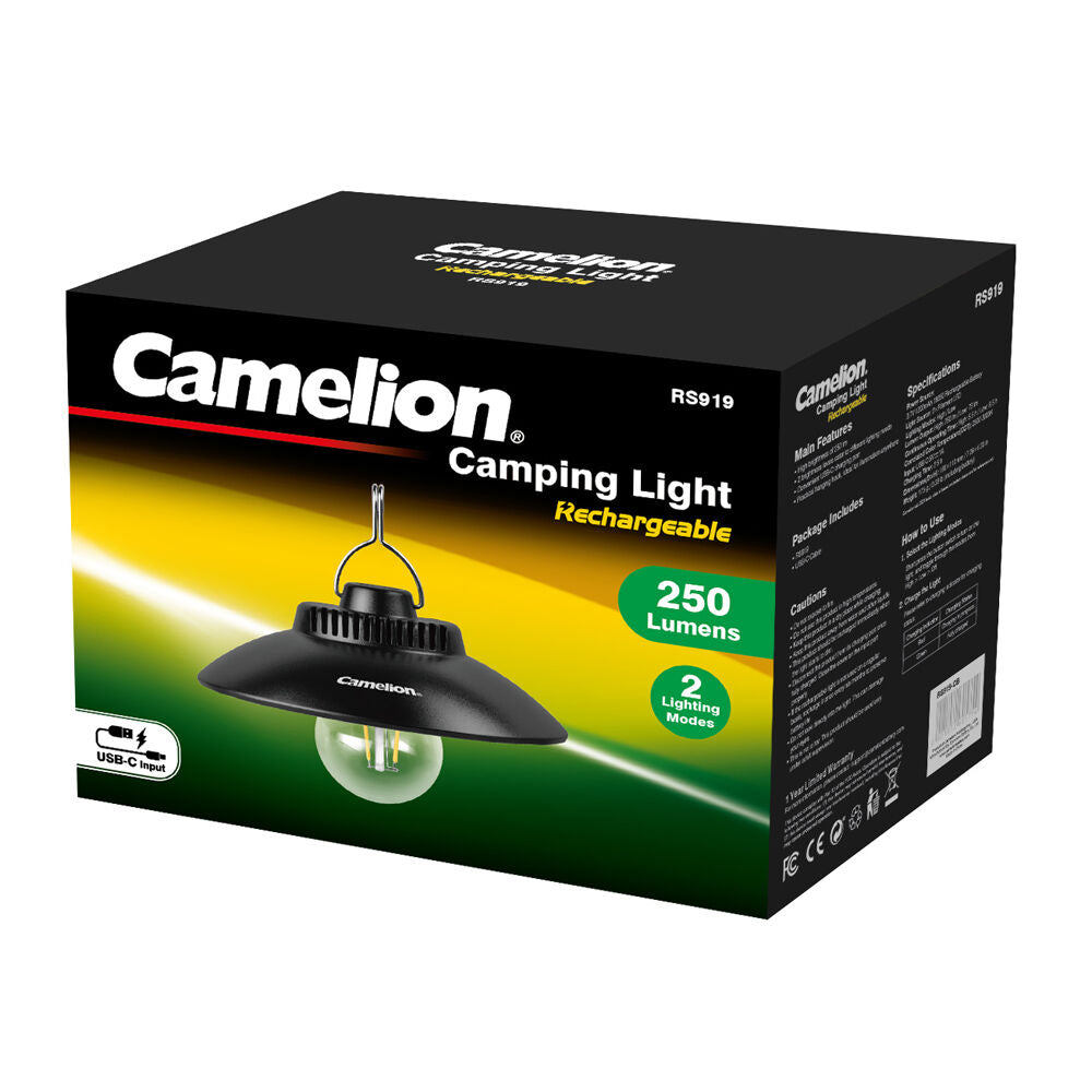 Camelion RS919 Rechargeable 250lm Hanging Camping Light Outdoor Night LED Black