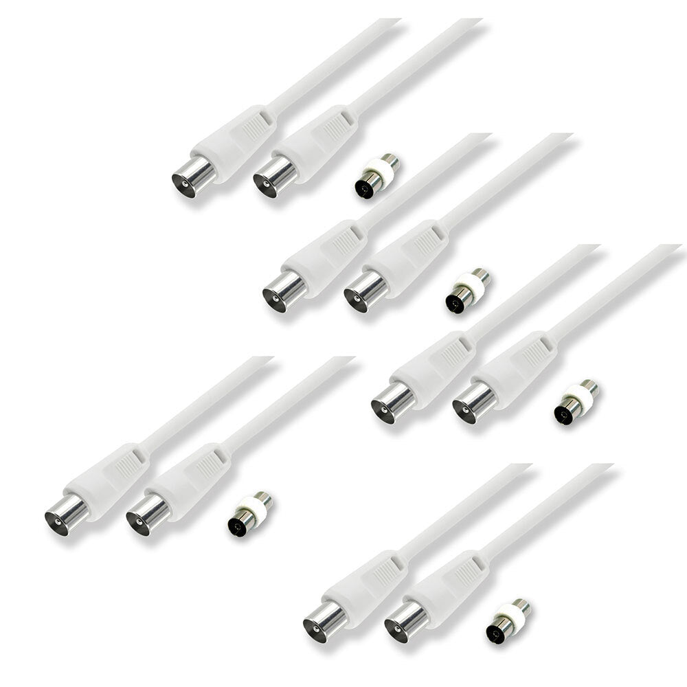 Sansai 1.5m M to Male Antenna Flylead TV Coaxial Cable w/Female Adaptor White (5 Pack)