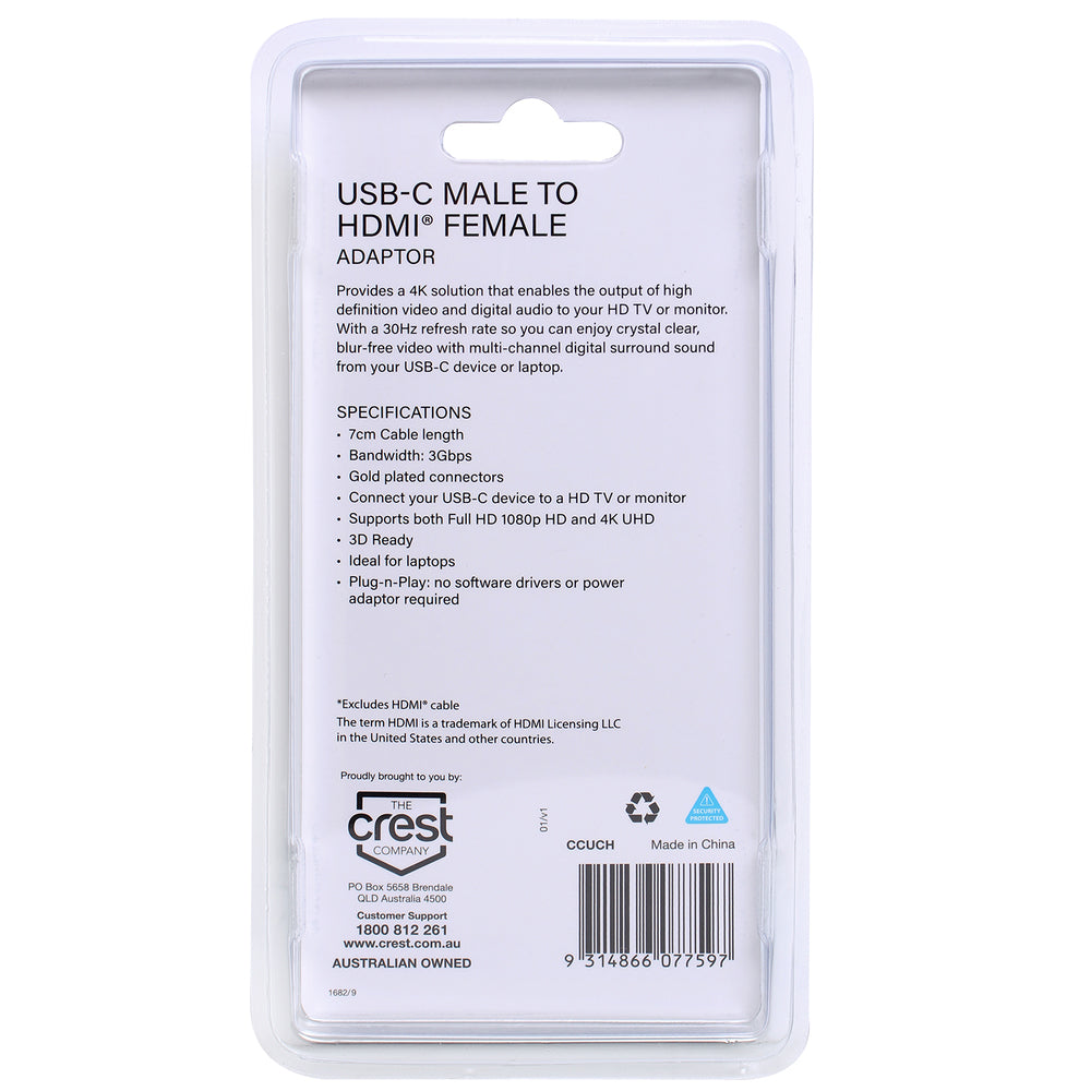 Crest 7cm USB-C Male To Female HDMI Adaptor For HD TV/Monitor Connector White — image 3