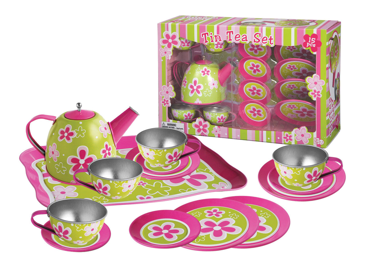 Kaper Kidz 15pc Lime Daisy Tin Tea Set Kids Pretend Play Toy