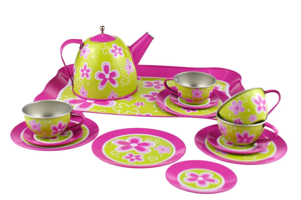 Kaper Kidz 15pc Lime Daisy Tin Tea Set Kids Pretend Play Toy — image 2