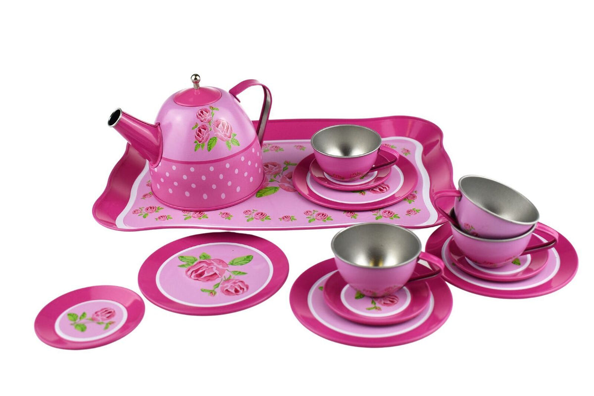 Kaper Kidz Children/Kids Rose Themed Pretend Play Tin Teacup/Teapot Set 3+ (15 Pieces) — image 3