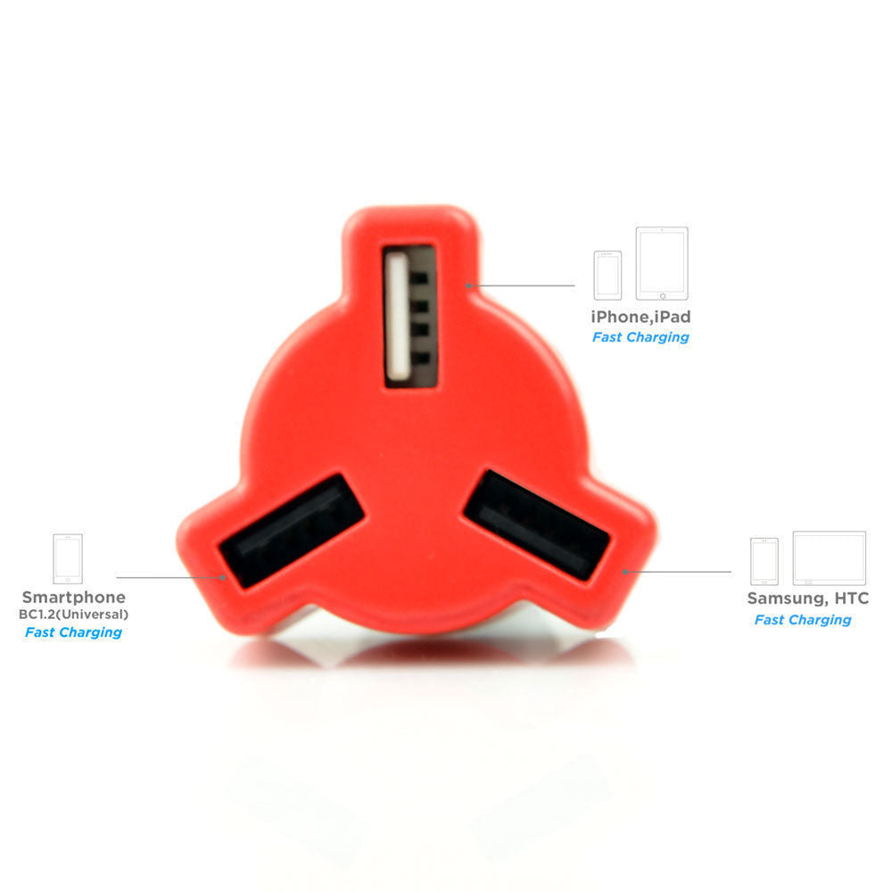 Mbeat Triple Port Rapid Car Charger 3 USB 4.8A/24W for Samsung/iPad/iPhone Red — image 2