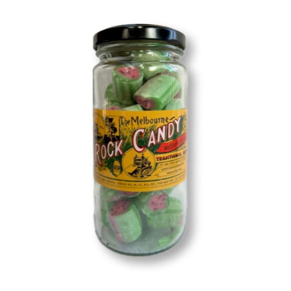 Melbourne Rock Candy Watermelon Rock - Traditional Hard Boiled Sweets - Cylindrical Pieces - Green Pink Accents - Sealed Glass Candy Jar For