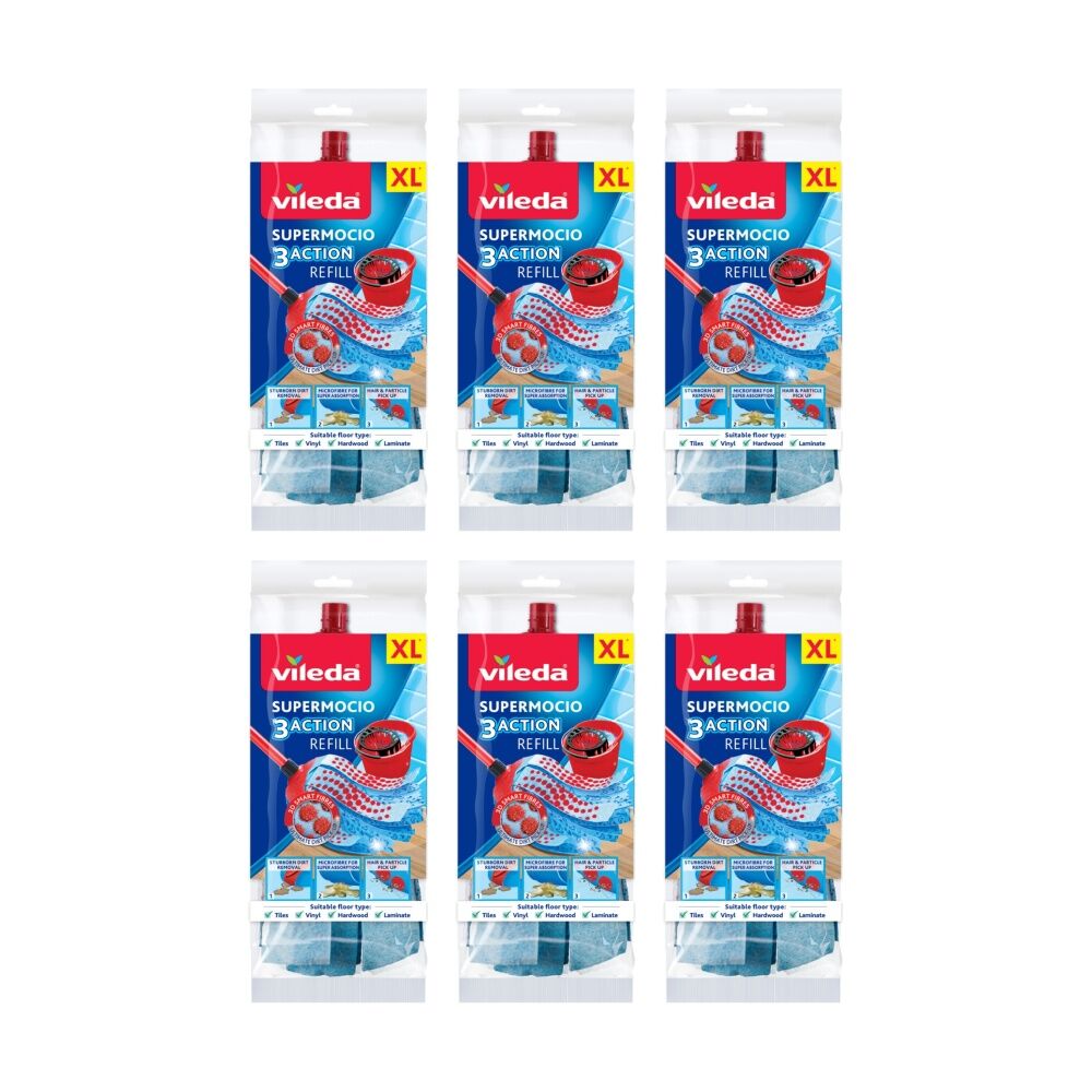 Vileda SuperMocio 3 Action Mop Refill Extra Long Three Cleaning Zones (6 Pack)