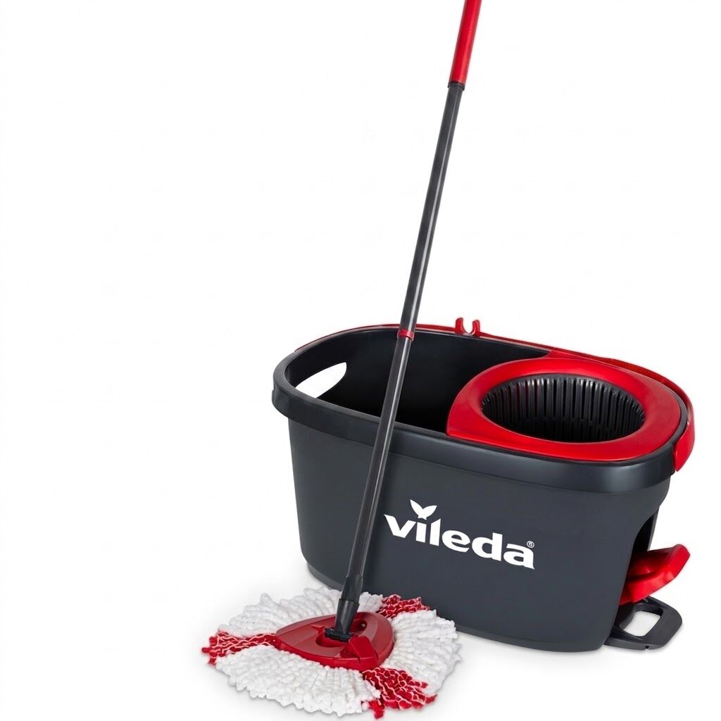 Vileda Easy Wring and Clean Turbo Spin Mop and Bucket Set - Quick Spin Pedal - Textured Red and White Mop Head - Black Bucket with Red Wringer -