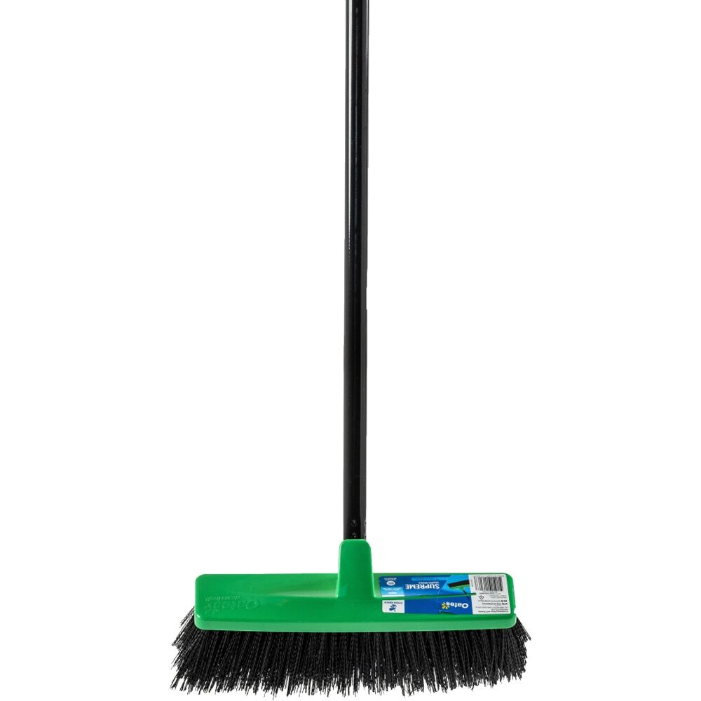 Oates Supreme Garden Broom System - Extra Stiff Dense Bristles for Heavy Duty Outdoor Use - 22mm Powder Coated Steel Handle - Green Base with Black